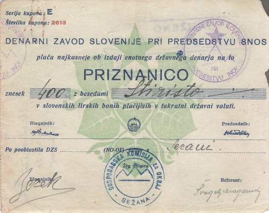 400 Lira Slowenien 1944  Partisanen